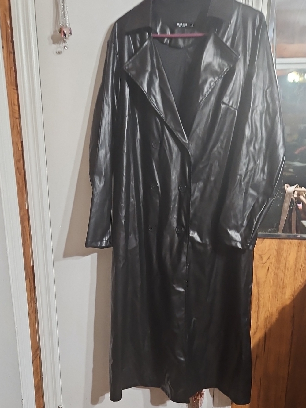 SHEIN Black Faux Leather Long Trench Coat